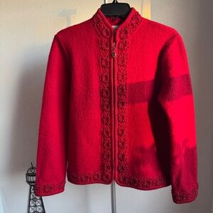 Chadwick’s Red Wool Jacket Beaded Embroidered Trim Zip Front Size S